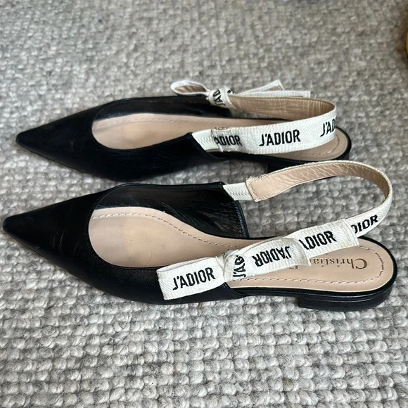 Dior J'Adior Black Flats Sophisticated Slingback Design - Picture 2 of 4